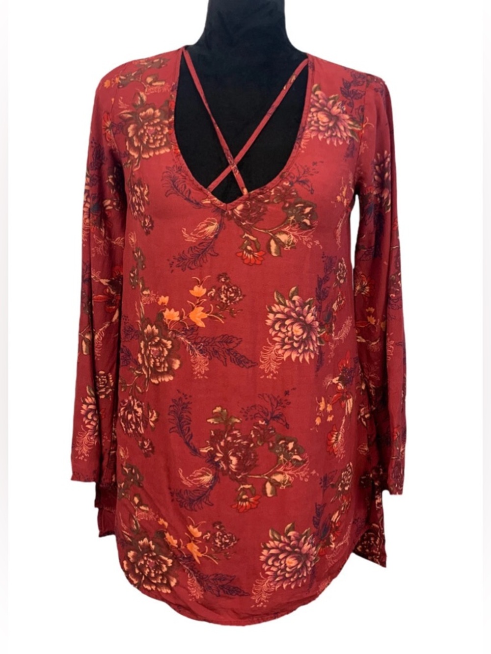 Free People Criss Cross Floral Tunic‎ Sz M Top / Dress Floral Red